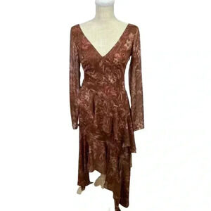 Marchesa Note Long Sleeve Asymmetric Chiffon Cocktail Dress in Rust Size 0